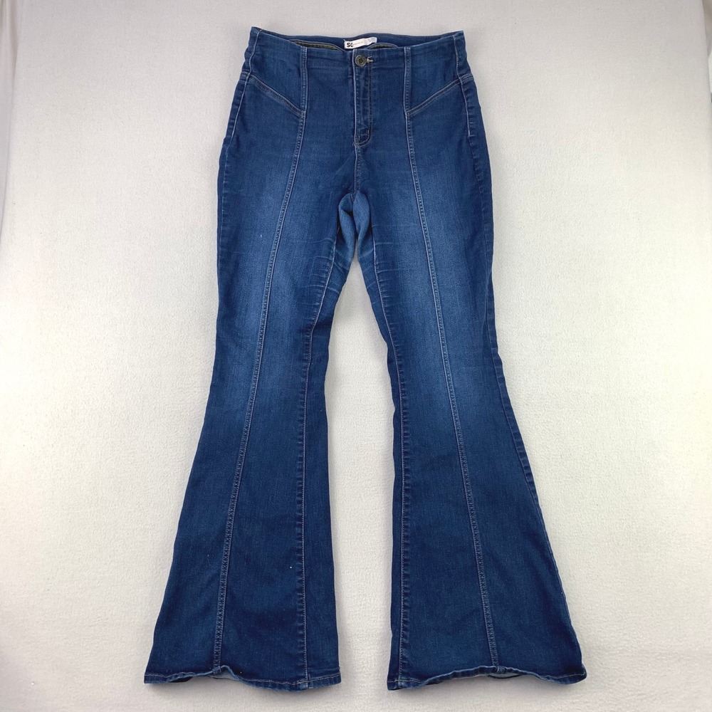 SO High Rise Flare Jeans Women 11/30W Blue Seam Front Stretch Denim Western
